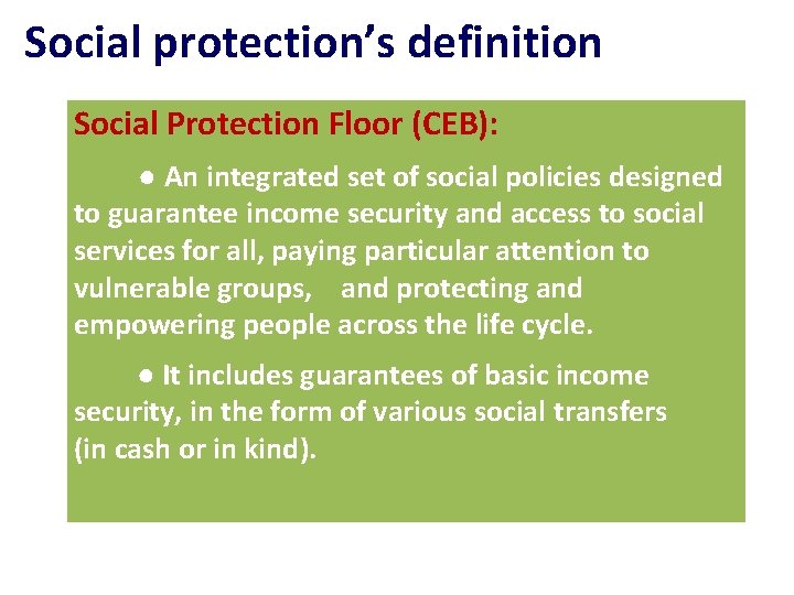 Social protection’s definition Social Protection Floor (CEB): ● An integrated set of social policies