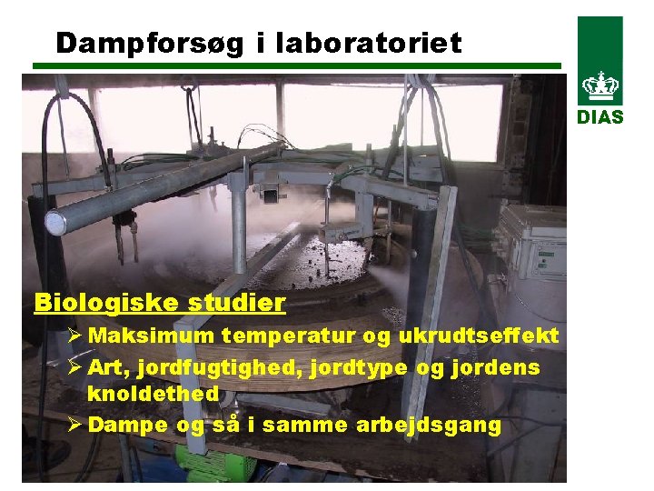 Dampforsøg i laboratoriet DIAS Biologiske studier Ø Maksimum temperatur og ukrudtseffekt Ø Art, jordfugtighed,