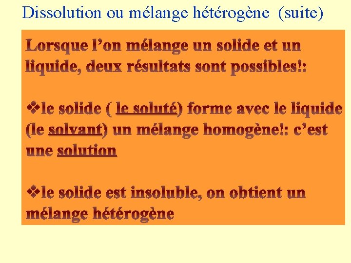 Dissolution ou mélange hétérogène (suite) Lorsque l’on mélange un solide et un liquide, deux