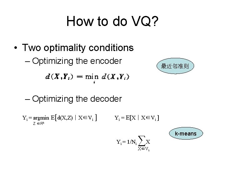 How to do VQ? • Two optimality conditions – Optimizing the encoder 最近邻准则 –