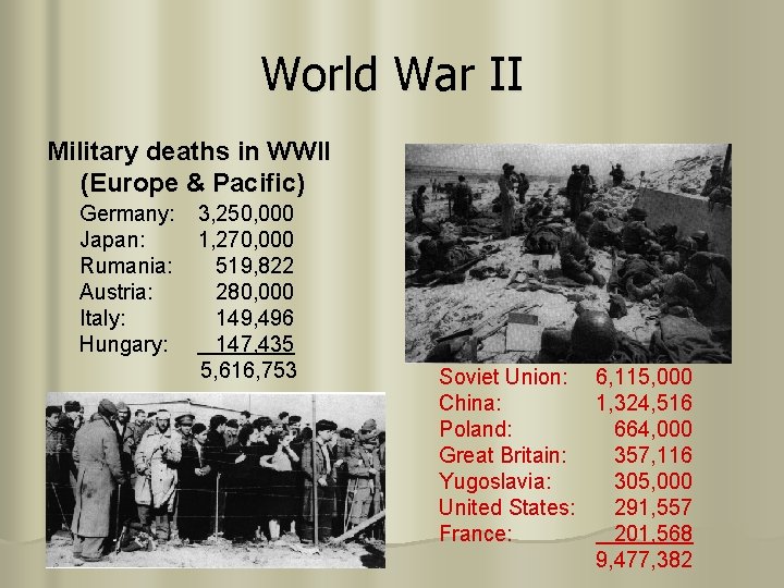 World War II Military deaths in WWII (Europe & Pacific) Germany: Japan: Rumania: Austria: