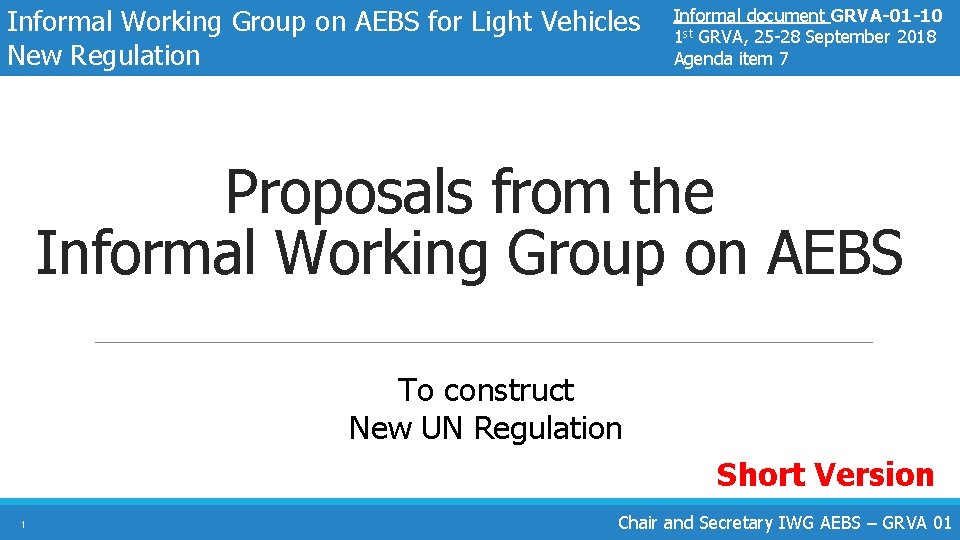 Informal Working Group on AEBS for Light Vehicles New Regulation Informal document GRVA-01 -10