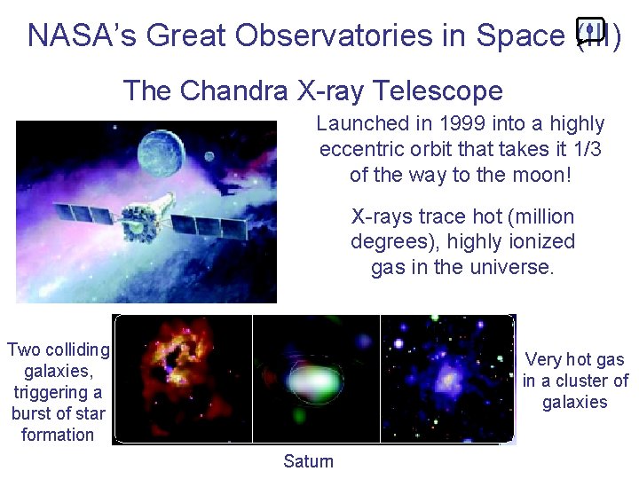 NASA’s Great Observatories in Space (III) 0 The Chandra X-ray Telescope Launched in 1999