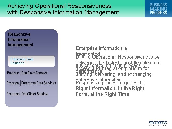 Achieving Operational Responsiveness with Responsive Information Management Enterprise Data Solutions 27 © 2009 Progress