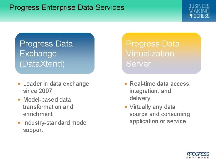 Progress Enterprise Data Services Progress Data Exchange (Data. Xtend) § Leader in data exchange