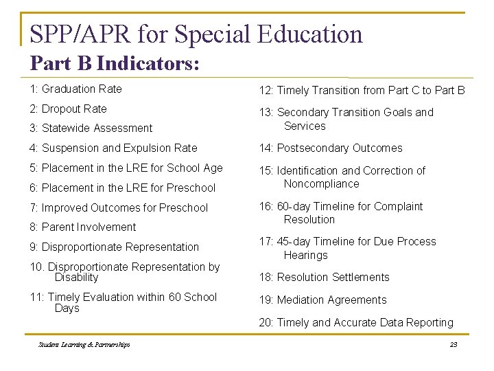 SPP/APR for Special Education Part B Indicators: 1: Graduation Rate 12: Timely Transition from