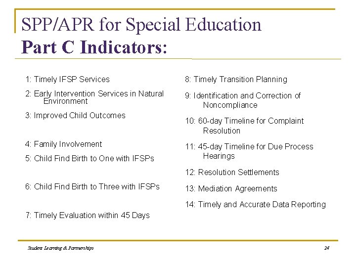 SPP/APR for Special Education Part C Indicators: 1: Timely IFSP Services 8: Timely Transition