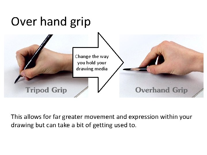 Over hand grip Change the way you hold your drawing media This allows for Over hand grip Change the way you hold your drawing media This allows for