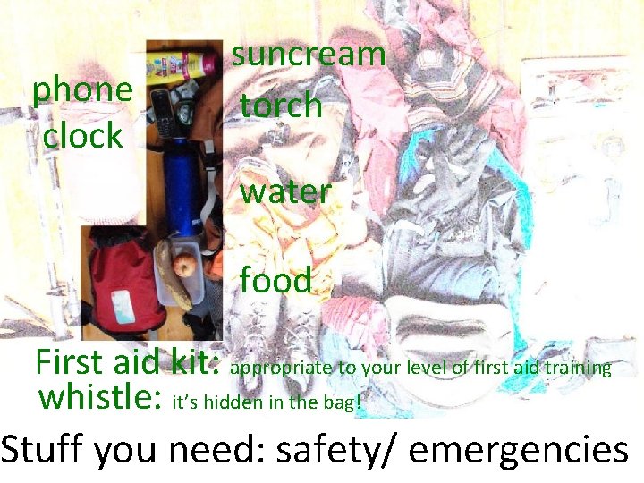 phone clock suncream torch water food First aid kit: appropriate to your level of