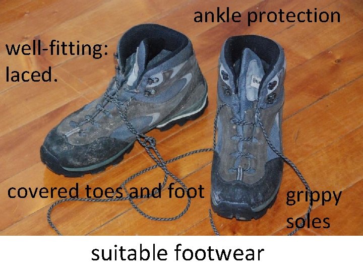 ankle protection well-fitting: laced. covered toes and foot suitable footwear grippy soles 