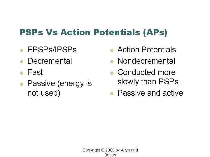 PSPs Vs Action Potentials (APs) l l EPSPs/IPSPs Decremental Fast Passive (energy is not