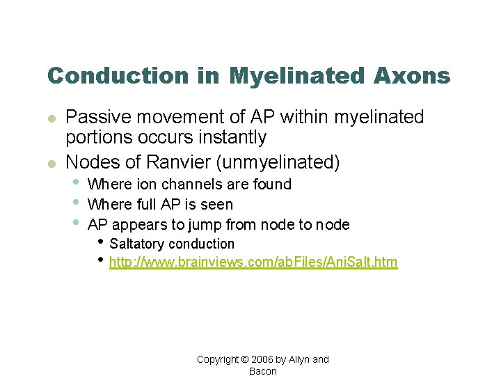 Conduction in Myelinated Axons l l Passive movement of AP within myelinated portions occurs