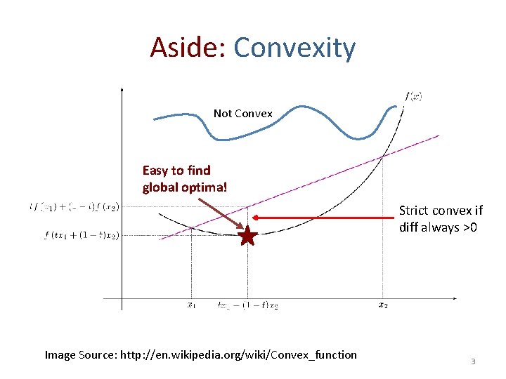 Aside: Convexity Not Convex Easy to find global optima! Strict convex if diff always