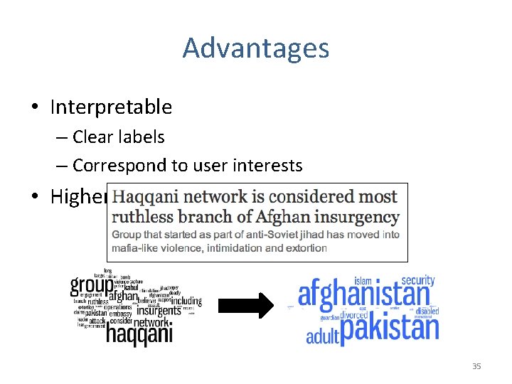 Advantages • Interpretable – Clear labels – Correspond to user interests • Higher-level than