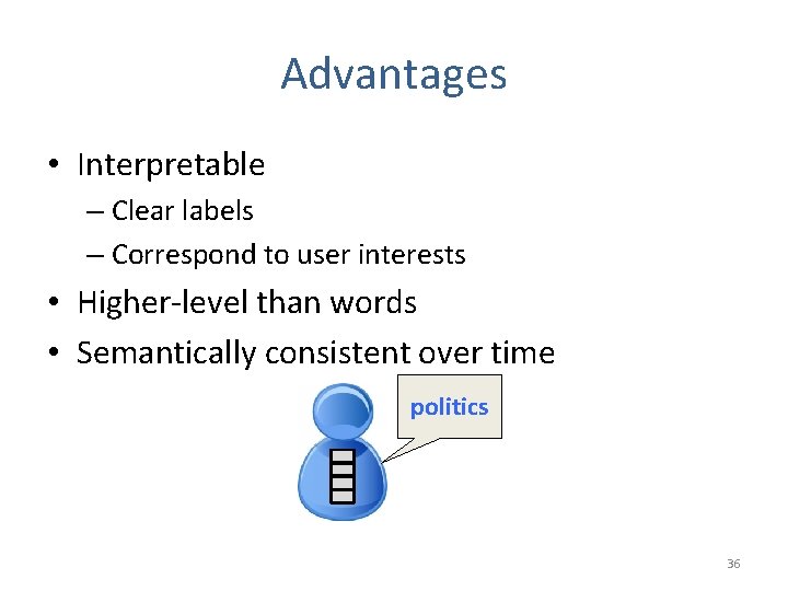 Advantages • Interpretable – Clear labels – Correspond to user interests • Higher-level than