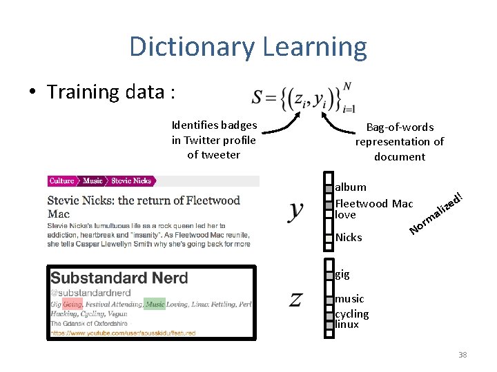 Dictionary Learning • Training data : Identifies badges in Twitter profile of tweeter Bag-of-words