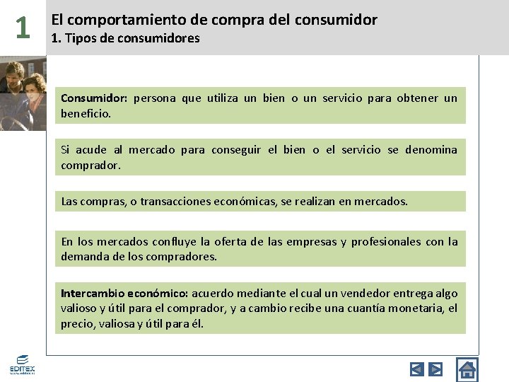 1 El comportamiento de compra del consumidor 1. Tipos de consumidores Consumidor: persona que