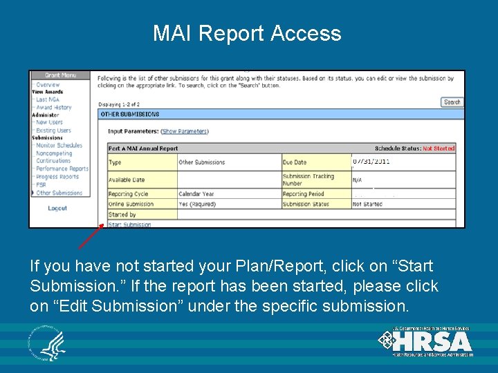 MAI Report Access If you have not started your Plan/Report, click on “Start Submission.