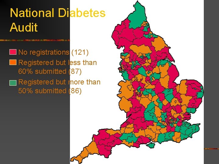 National Diabetes Audit n n n No registrations (121) Registered but less than 60%