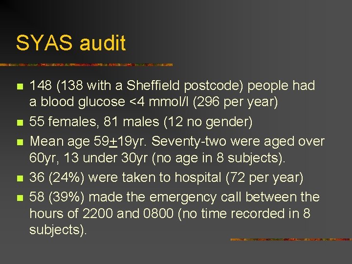 SYAS audit n n n 148 (138 with a Sheffield postcode) people had a