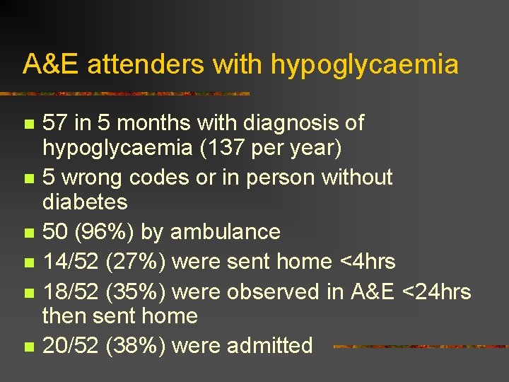 A&E attenders with hypoglycaemia n n n 57 in 5 months with diagnosis of