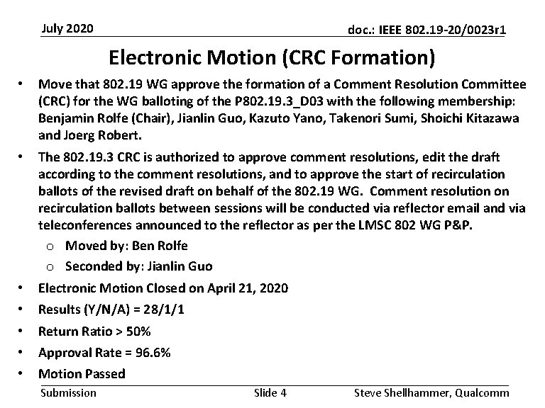 July 2020 doc. : IEEE 802. 19 -20/0023 r 1 Electronic Motion (CRC Formation)