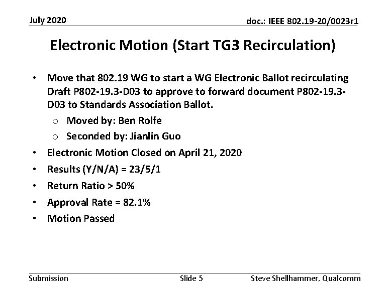 July 2020 doc. : IEEE 802. 19 -20/0023 r 1 Electronic Motion (Start TG