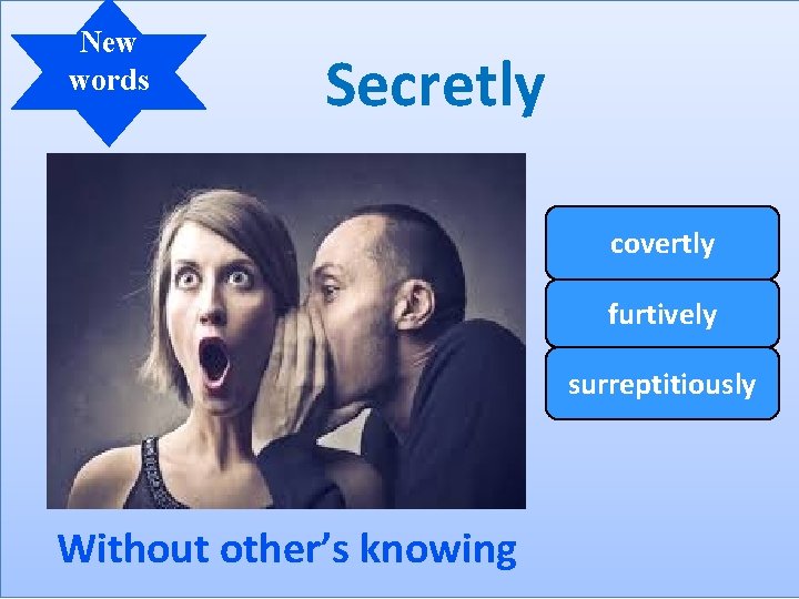 New words Secretly covertly furtively surreptitiously Without other’s knowing 