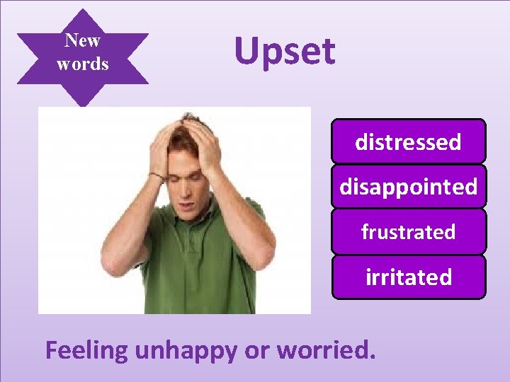 New words Upset distressed disappointed frustrated irritated Feeling unhappy or worried. 