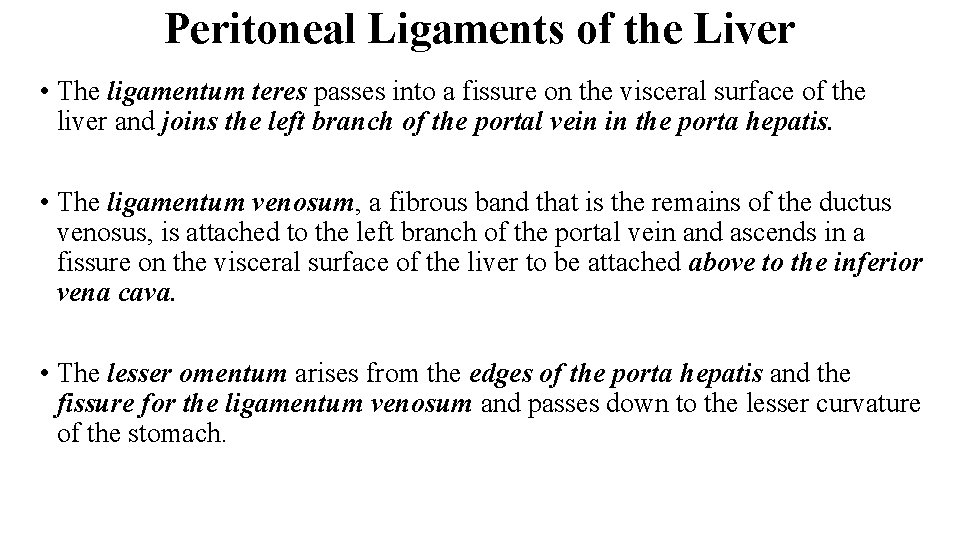 Peritoneal Ligaments of the Liver • The ligamentum teres passes into a fissure on