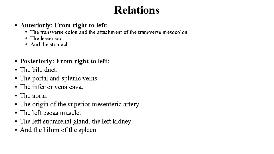 Relations • Anteriorly: From right to left: • The transverse colon and the attachment