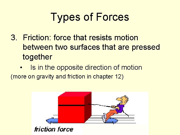 Types of Forces 3. Friction: force that resists motion between two surfaces that are