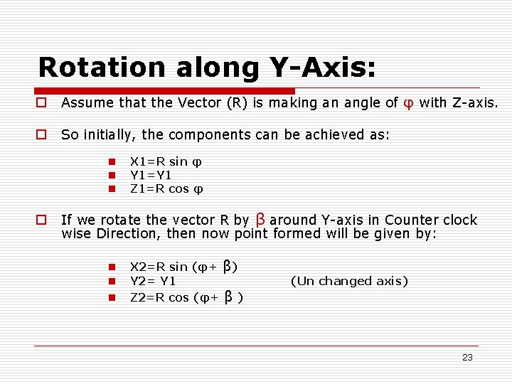 Rotation along Y-Axis: o Assume that the Vector (R) is making an angle of