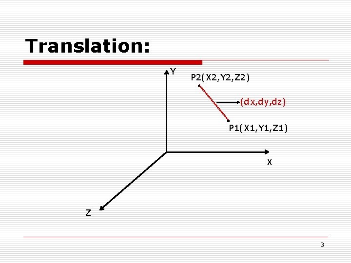 Translation: Y P 2(X 2, Y 2, Z 2) (dx, dy, dz) P 1(X