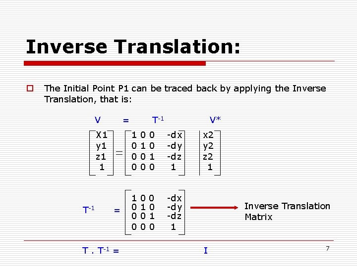 Inverse Translation: o The Initial Point P 1 can be traced back by applying