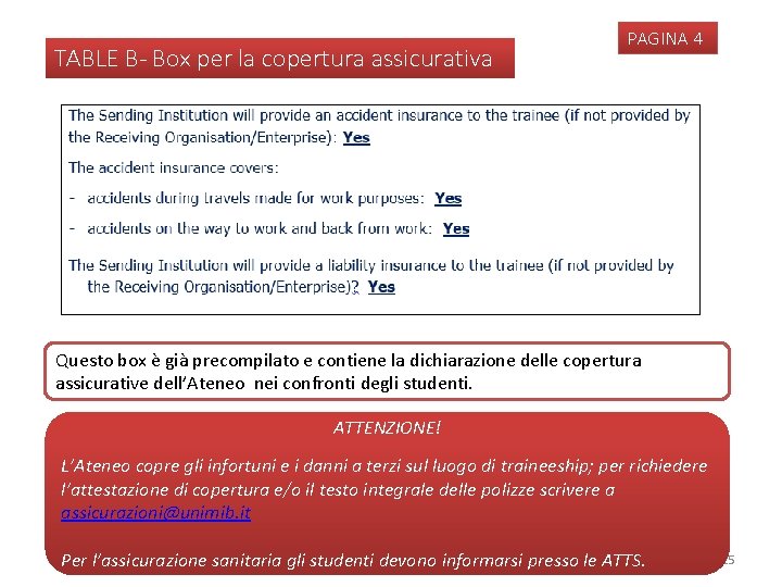 TABLE B- Box per la copertura assicurativa PAGINA 4 Questo box è già precompilato