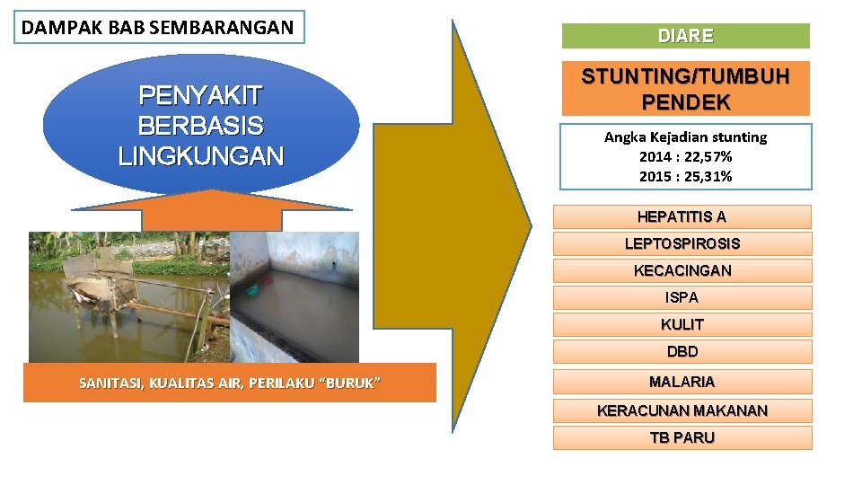 DAMPAK BAB SEMBARANGAN PENYAKIT BERBASIS LINGKUNGAN DIARE STUNTING/TUMBUH PENDEK Angka Kejadian stunting 2014 :