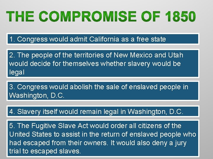 1. Congress would admit California as a free state 2. The people of the