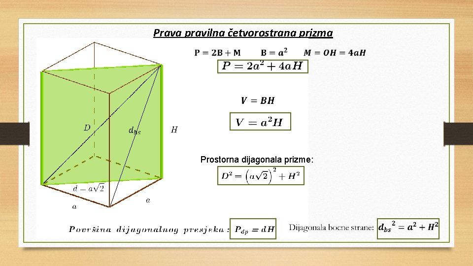 Prava pravilna četvorostrana prizma Prostorna dijagonala prizme: 