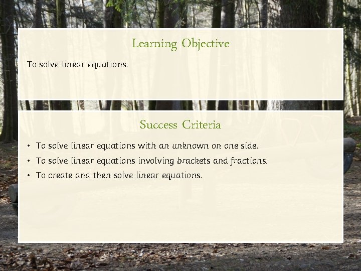 To solve linear equations. Learning Objective Success Criteria • To solve linear equations with