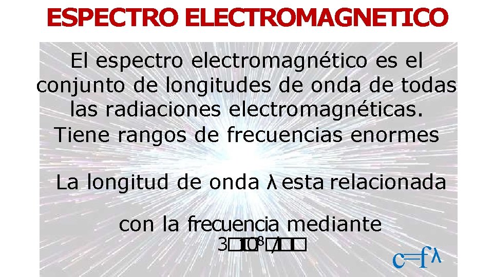 ESPECTRO ELECTROMAGNETICO El espectro electromagnético es el conjunto de longitudes de onda de todas