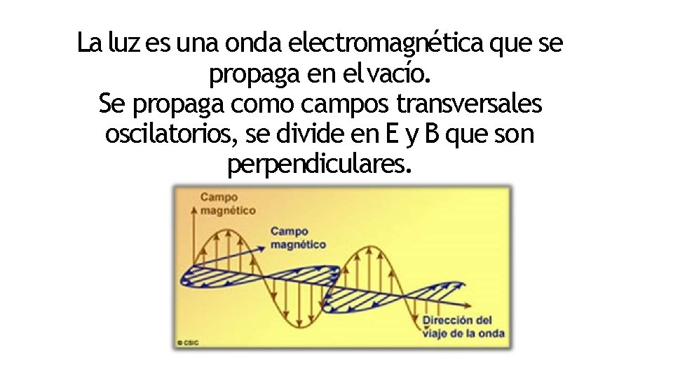 La luz es una onda electromagnética que se propaga en el vacío. Se propaga