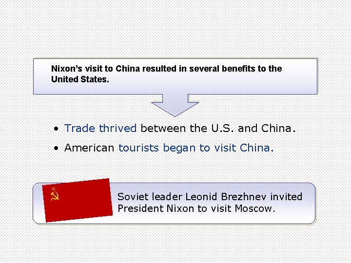Nixon’s visit to China resulted in several benefits to the United States. • Trade
