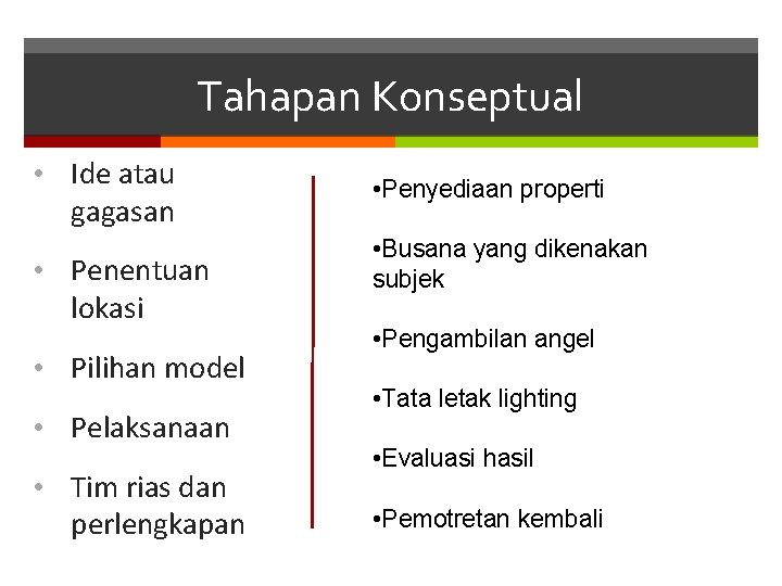 Tahapan Konseptual • Ide atau • Penyediaan properti • Penentuan • Busana yang dikenakan