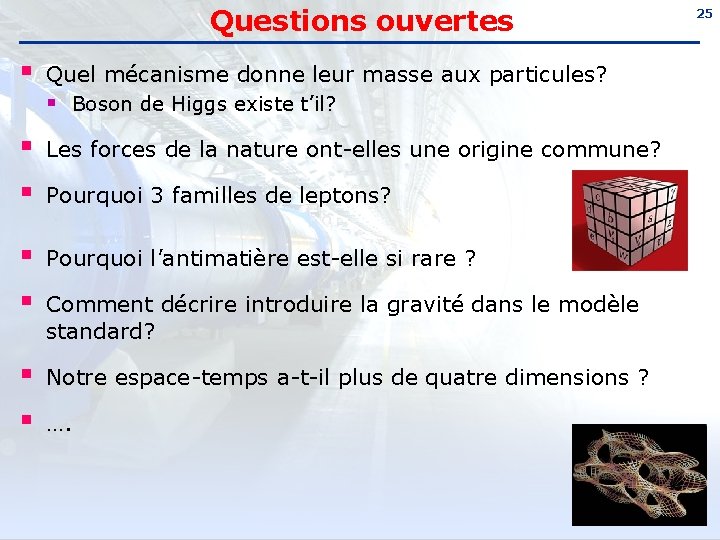 Questions ouvertes § Quel mécanisme donne leur masse aux particules? § Boson de Higgs