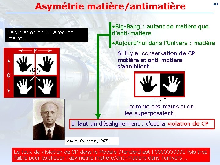 Asymétrie matière/antimatière La violation de CP avec les mains… 40 • Big-Bang : autant