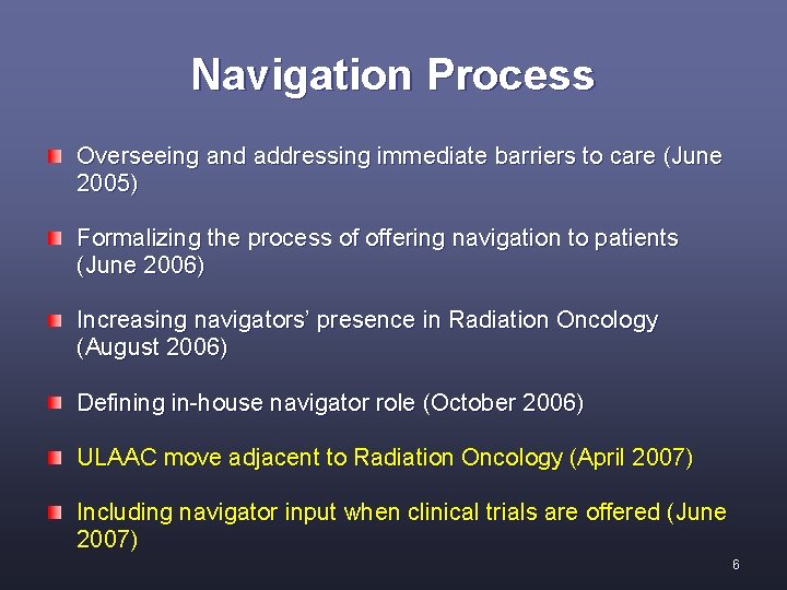 Navigation Process Overseeing and addressing immediate barriers to care (June 2005) Formalizing the process