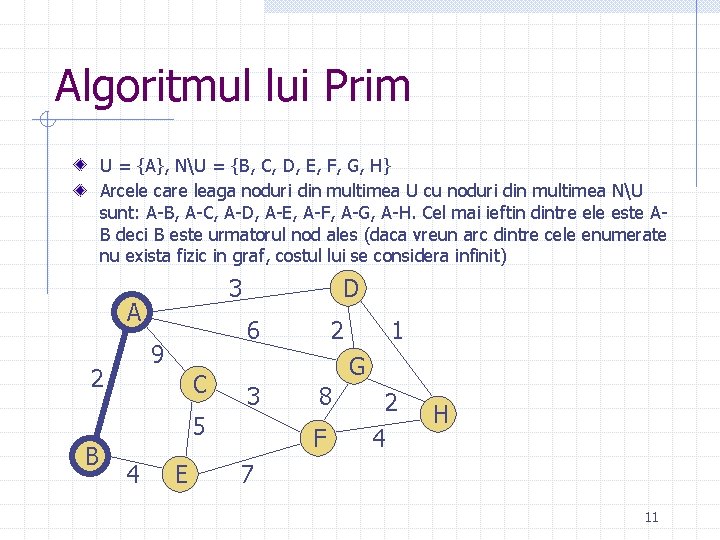 Algoritmul lui Prim U = {A}, NU = {B, C, D, E, F, G, Algoritmul lui Prim U = {A}, NU = {B, C, D, E, F, G,