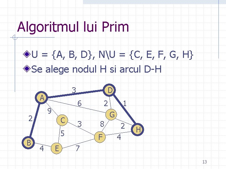 Algoritmul lui Prim U = {A, B, D}, NU = {C, E, F, G, Algoritmul lui Prim U = {A, B, D}, NU = {C, E, F, G,