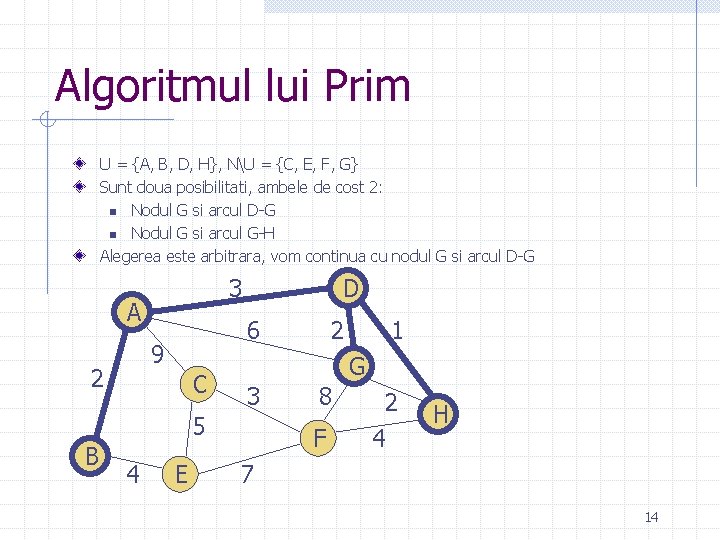 Algoritmul lui Prim U = {A, B, D, H}, NU = {C, E, F, Algoritmul lui Prim U = {A, B, D, H}, NU = {C, E, F,